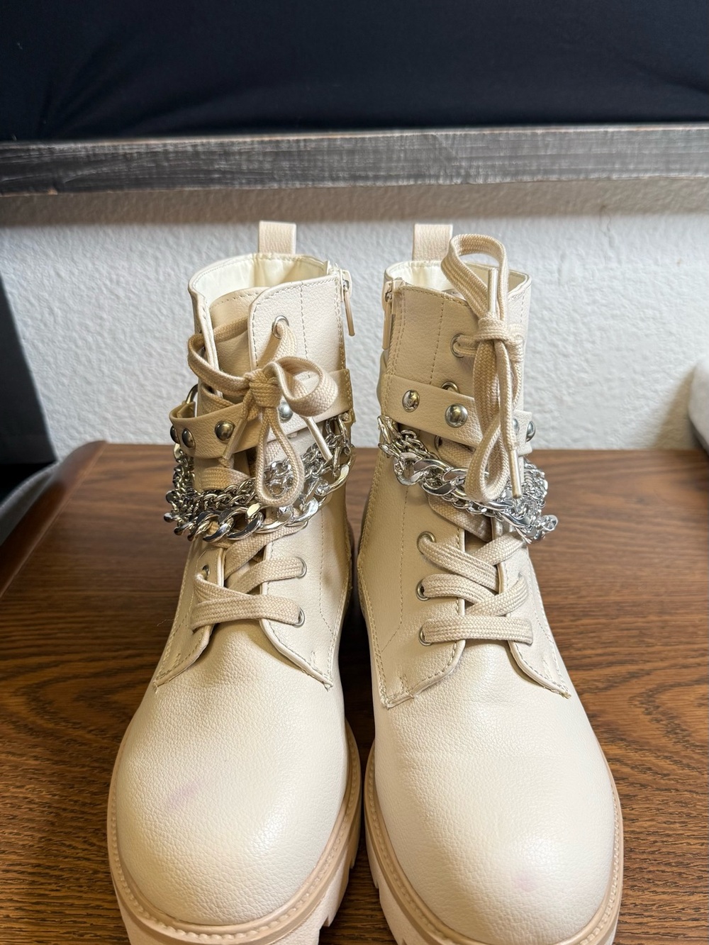 XOXO Cream Lace-Up Combat Boots with Silver Chain Detail
